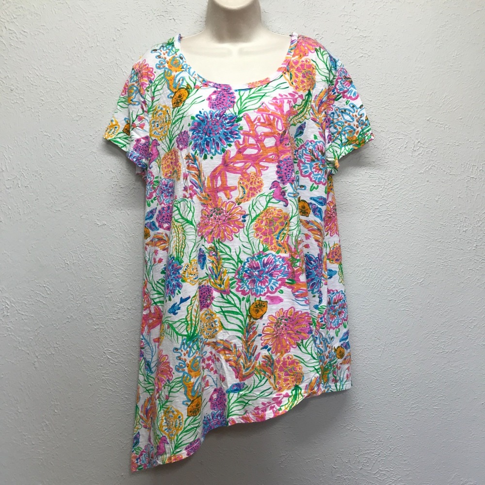 Fresh Produce Asymmetric Tunic Top Shirt 1X Plus White Coral Reef Supima Cotton